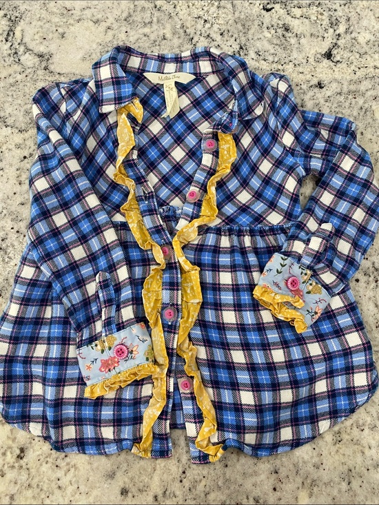 Matilda Jane Other - Matilda Jane Blue Plaid Button-Front Shirt with Yellow Ruffle & Floral Cuffs
